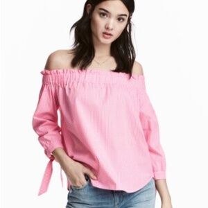 H&M pink gingham off shoulder top size 14 // 2890